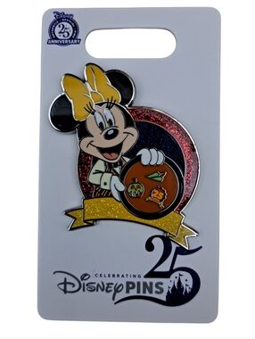 Disney Minnie Mouse Glitter Anniversary Pin - Yellow Bow, Red & Blue Background